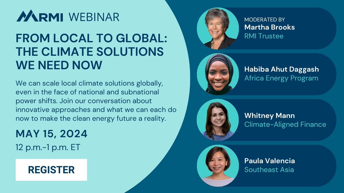 This Wed., May 15, RMI experts will discuss what we can each do now to help scale local #CleanEnergy efforts into global climate solutions.  Register to join: bit.ly/4bgjyZl
