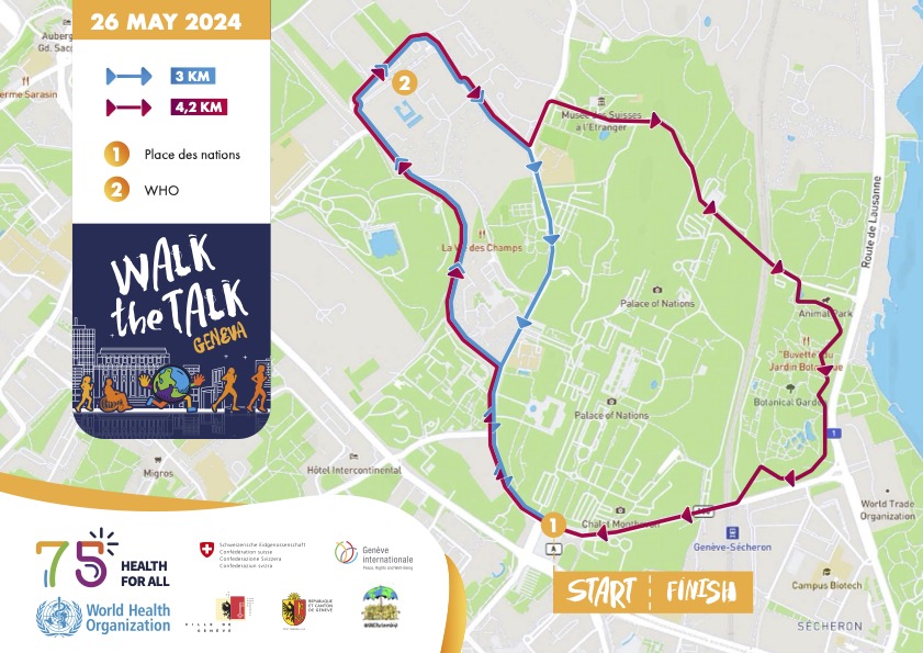 Get ready for the 5th edition of Walk the Talk: #HealthForAll Challenge! 🗓️ Join us on Sunday 26 May ⏰ 9AM 📍 Place des Nations, Geneva 🇨🇭 Run, walk, use your wheelchair, or move in any other way over two routes: 3 km and 4.2 km. Register now: bit.ly/3U2Ok1S