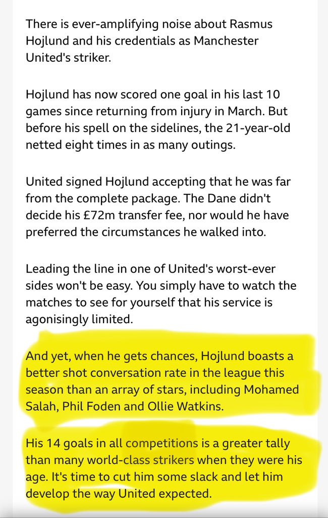 Attention all those being over critical of Rasmus Hojlund 
He will improve with better service next season #ManchesterUnitedFC 
Credit BBC sport for the below