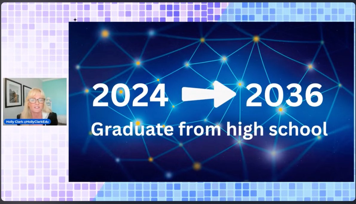 #WeekofAI @HollyClarkEdu ... Students going into Kindergarten are graduating from high school in 2036 and going to go into retirement in 2085. Yet most of the classrooms, if I'm very honest, that I walk by are really getting kids ready for 1985 and that's really problematic!🤯