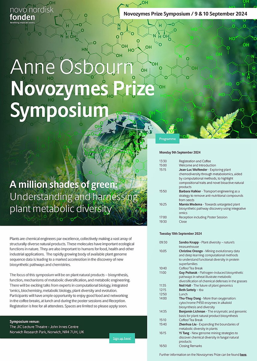 EVENT - Anne Osbourn @AnneOsbourn1 - Novozymes Prize Symposium @novonordiskfond - “A million shades of green: Understanding and harnessing plant metabolic diversity” 🗓️ 9 - 10 September 2024 📍 JIC Conference Centre, @NorwichResearch Register for FREE: okt.to/bKElry