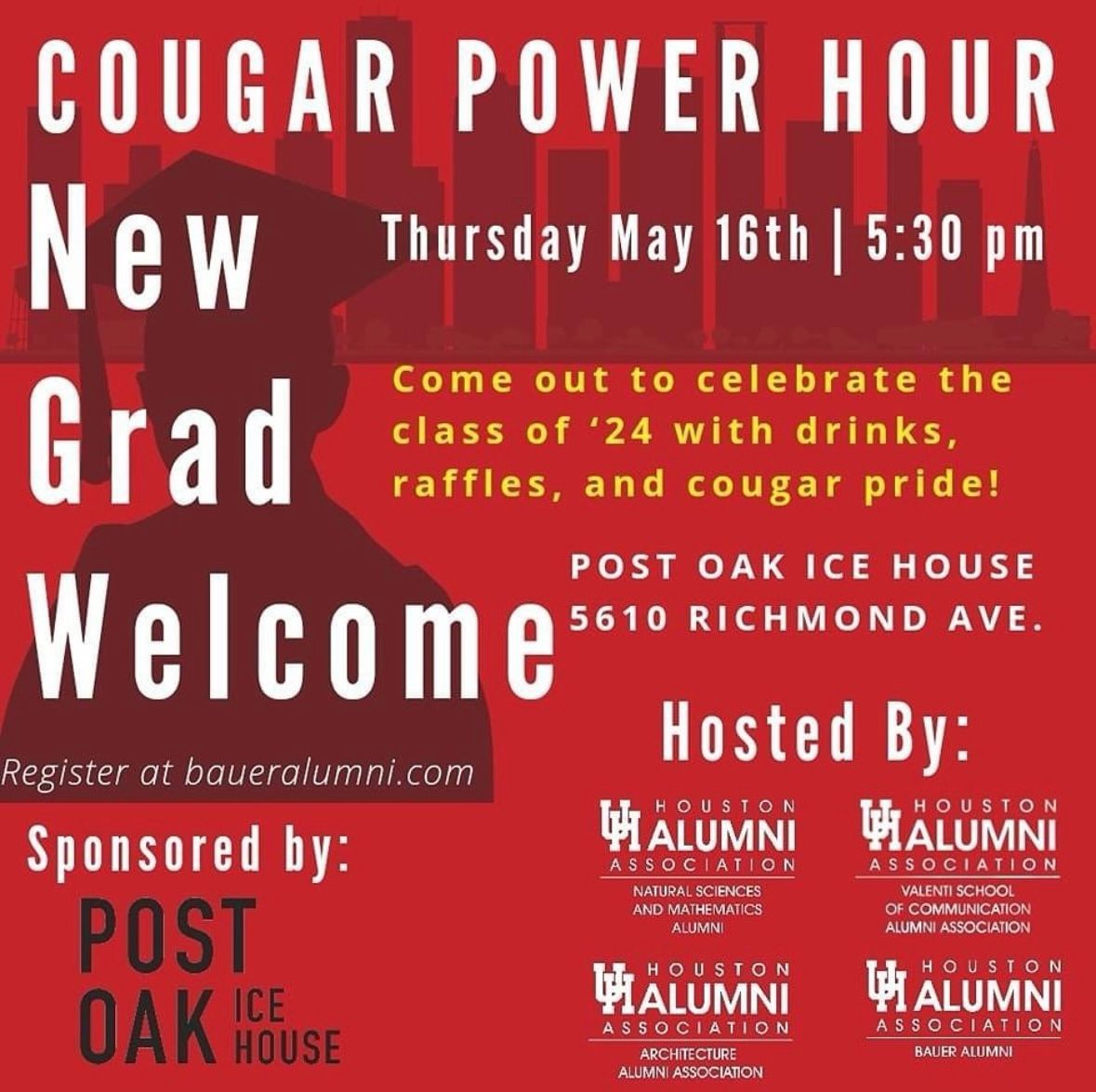 This Thursday is the New Grad Welcome! This is open to all alumni and new graduates joining the Valenti alumni family at Post Oak Ice House starting at 5:30pm. See you there! Go Coogs!🐾
