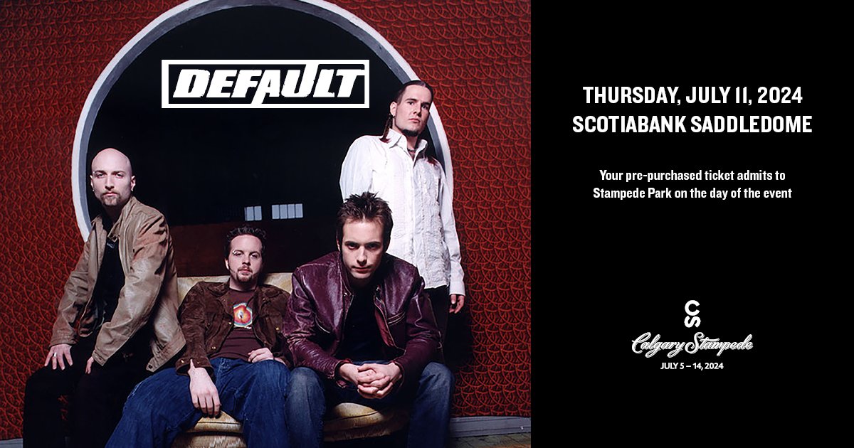 Juno award winning rock band Default will join Stampede 2024, taking the Saddledome stage before Mötley Crüe on Thursday, July 11 as very special guests! Your ticket to Mötley Crüe with Default also includes admission to Stampede Park on the day of the event.Calgarystampede.com/default