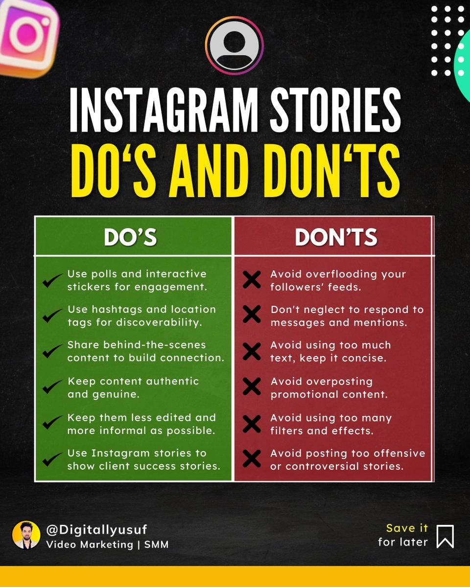 Instagram stories Do's and Don't: 

Make sure to follow these points and tell the mistakes you were doing in comments 💬 

#instagramstories, #instagramcontent, #contentcreation