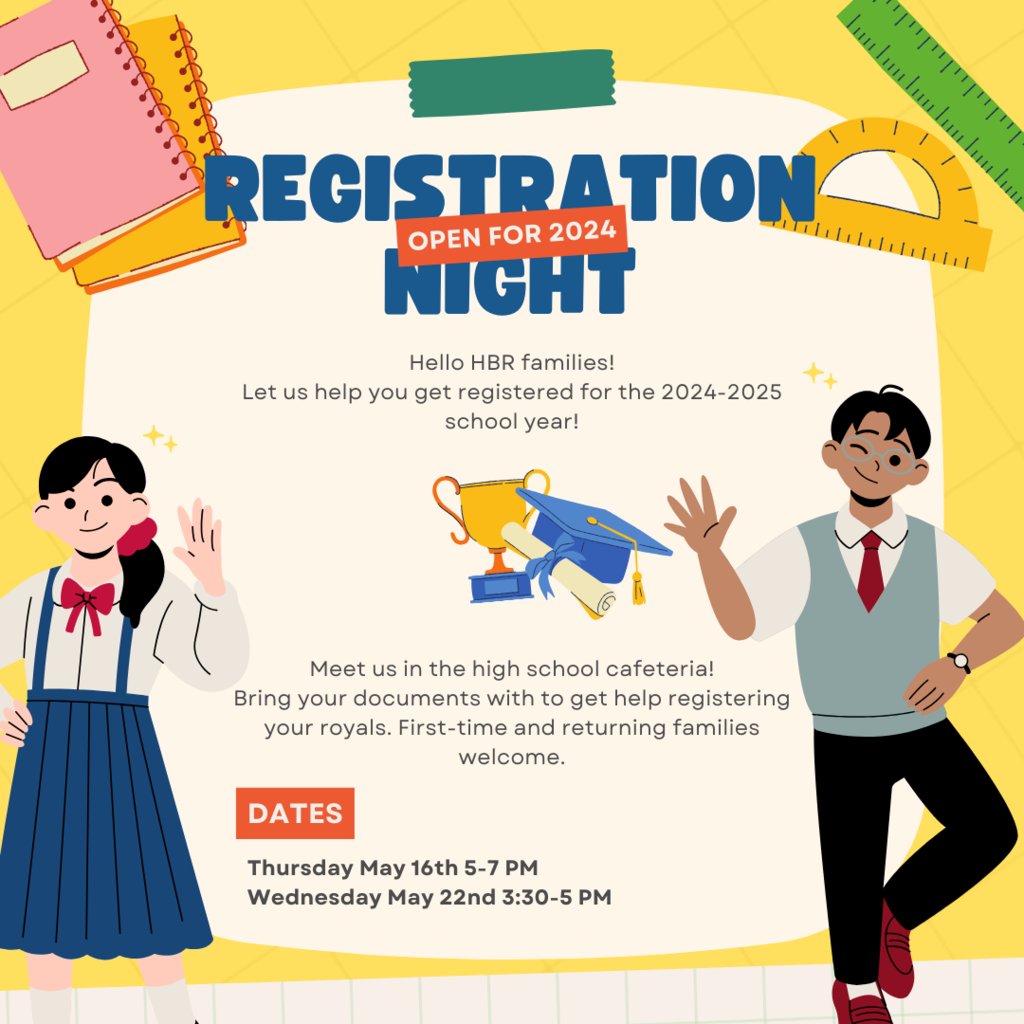 Registration night! If you'd like help registering your Royal for next school year, we will be here to help Thursday the 16th from 5-7 PM and Wednesday the 22nd from 3:30-5 PM in the High school cafeteria. All families are welcome! We hope to see you there!