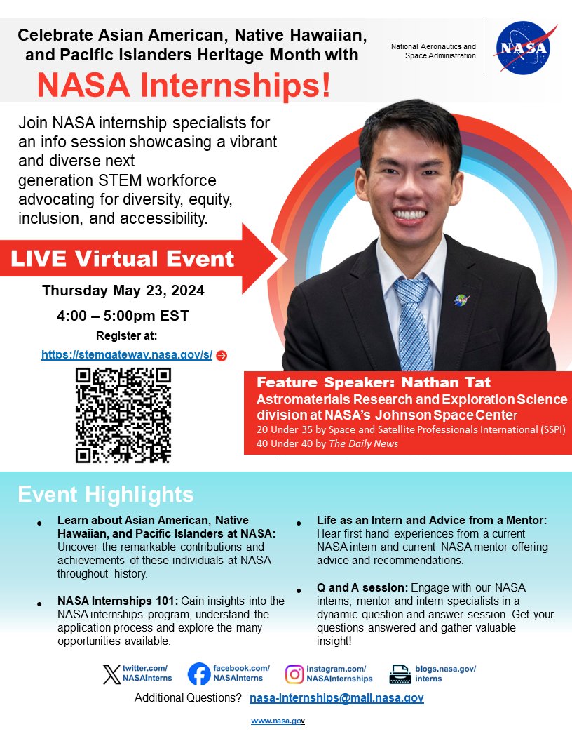 📣 Celebrate #AANHPI Heritage Month with us on May 23, 2024, at 4 pm EDT! 👩‍🔬 Learn about @NASA past and present 📚 NASA Internships 101 🎓 Hear from current and former interns 🔍 Q&A Session Register: go.nasa.gov/3yelUt4