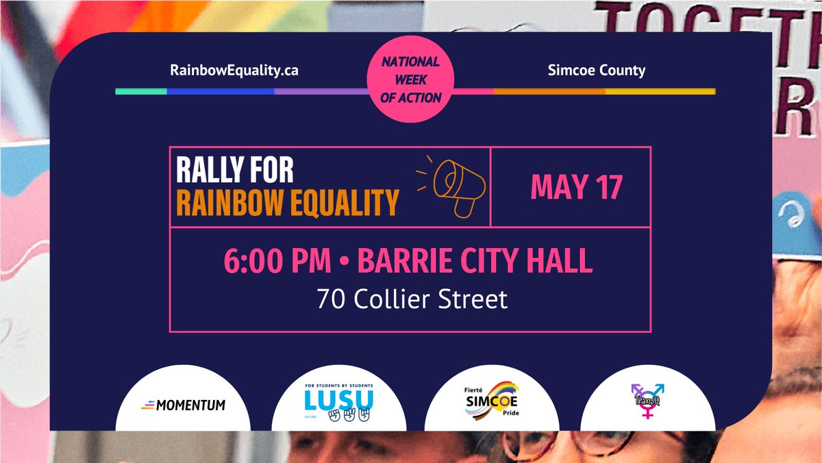 Join us! Let's show #Barrie that #Labour stands in #solidarity with #RainbowEquality Please share this widely. #rally #communitysupport #onpoli @CLCOntario @CanadianLabour @OFLabour