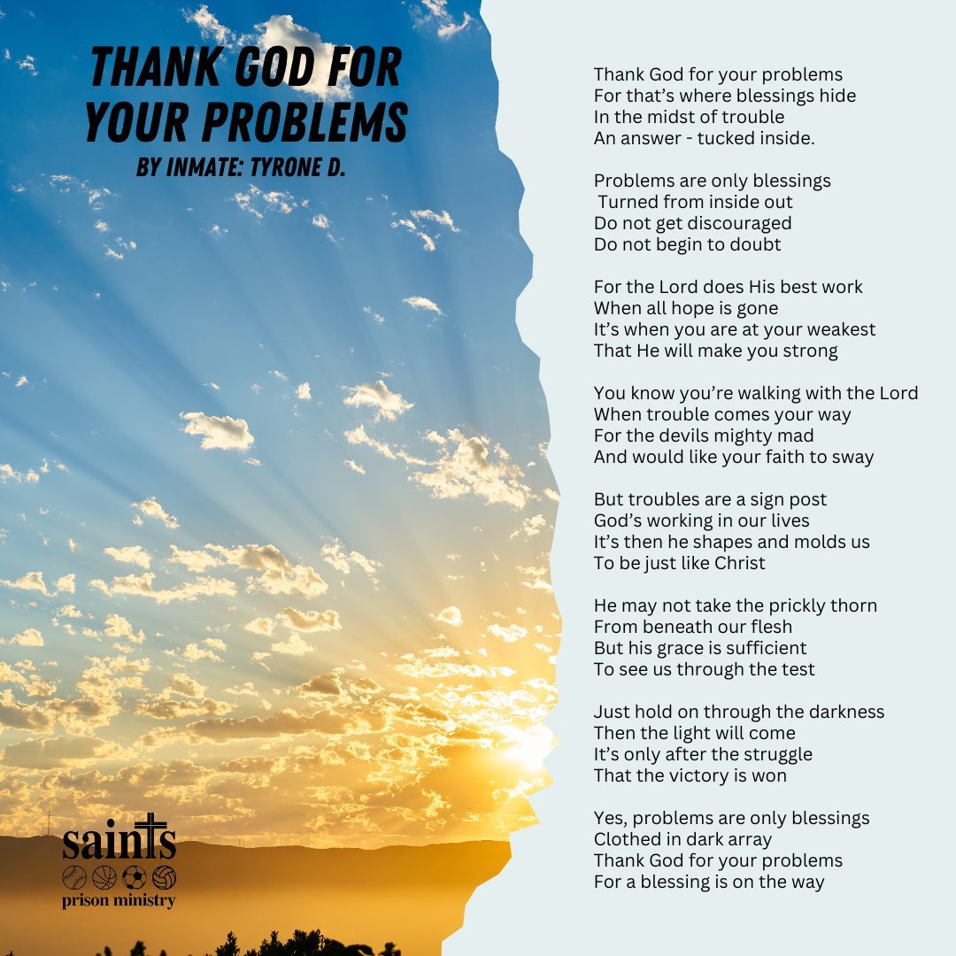 Today we want to share a powerful poem we received from one of the inmates, Tyrone. His words remind us to thank God for our problems, for they are blessings in disguise. When we face challenges, God is at work in our lives, shaping us to be more like Christ.
#TuesdayTalk #Poetry