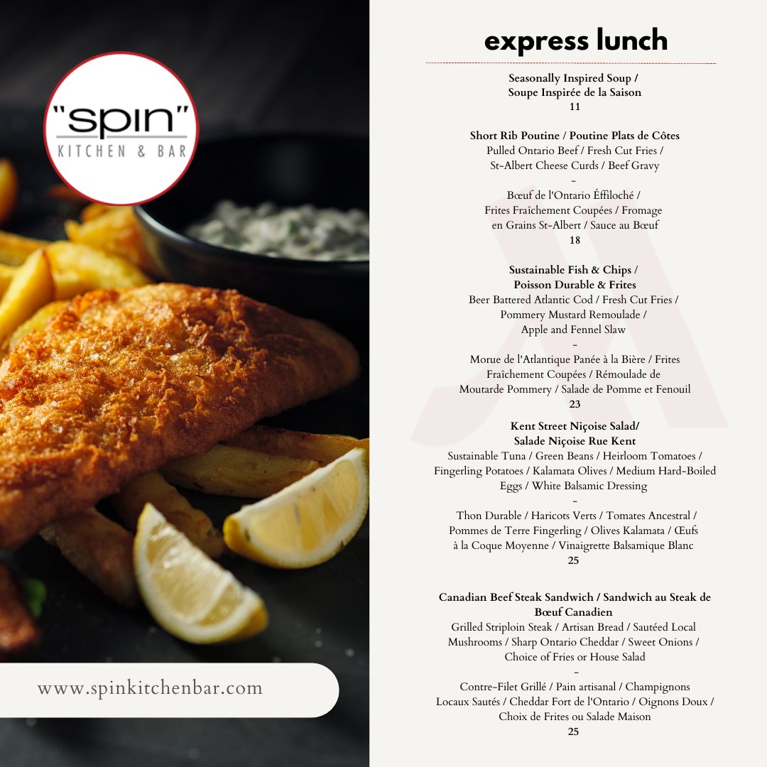 Power through your workday with @spinkitchenbar express lunch. From hearty Short Rib Poutine to the classic fish and chips or a satisfying Beef Steak Sandwich - our menu offers efficient fuel for business over a quick bite or meeting.