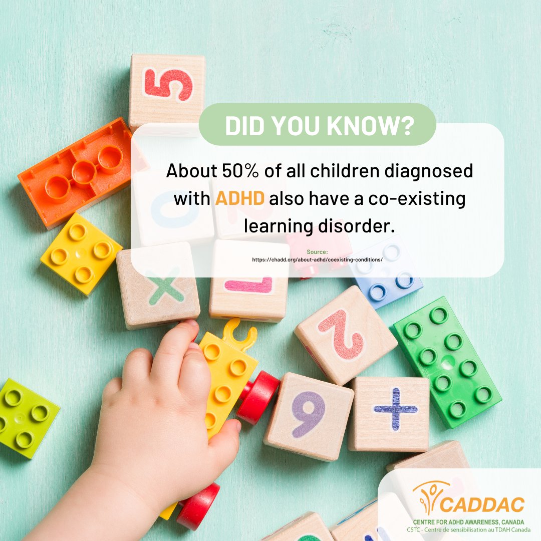 The most common learning disorders in ADHDers are dyslexia and dyscalculia. In addition, 12% of children with #ADHD have speech problems, compared with 3% without ADHD.

Want to learn more about early childhood ADHD? Visit caddac.ca/about-adhd/age…