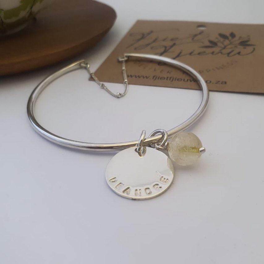 Sterling Silver Bangle with Personalised Disc and Citrine Bead Charms! #sterlingsilver #wire #wirebangle #bangle #personalised #handstamped #stamped #round #rounddisc #rounddisccharm #citrine #citrinebead #birthstone #charm #charms #fjietfjieuw #wedeliverhappiness