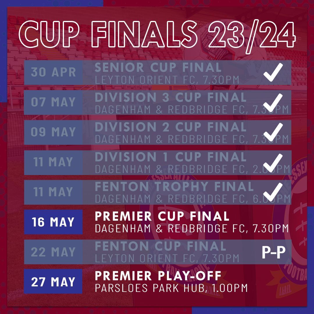 𝗖𝗨𝗣 𝗙𝗜𝗡𝗔𝗟 𝗦𝗖𝗛𝗘𝗗𝗨𝗟𝗘 🏆 Just 3️⃣ pieces of silverware remain... Sadly, next week's #FentonCup Final is postponed as we await the outcome of an FA investigation The Premier Cup Final takes place Thursday followed by the Premier Play-Off on Bank Holiday Monday!