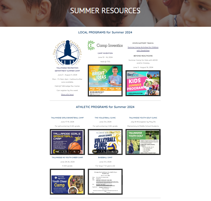MsDauberman's tweet photo. Looking for summer programs for your student(s)? There have been lots of exciting programs shared! We have collected them all on our site at https://t.co/wzlA1GFl8D  and will continue to update it!💙#TallmadgeElementary @tcstweets1 https://t.co/xpW53M3kzh