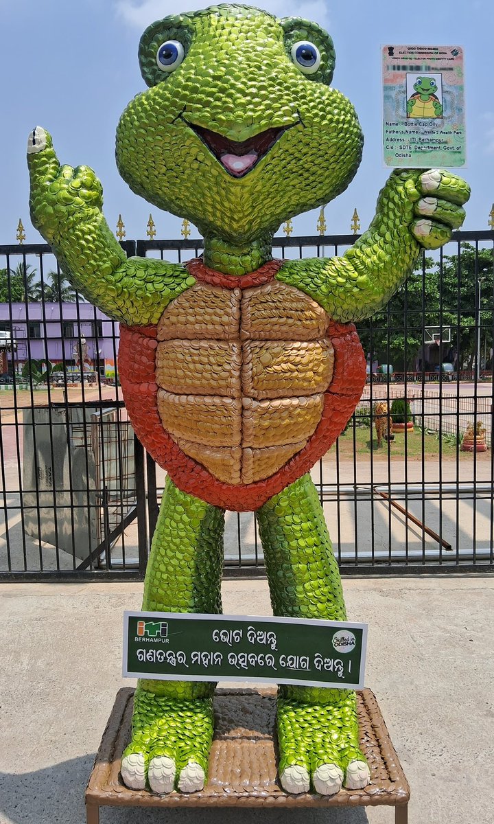 Under the #Waste2Wealth initiative an Ollie sculpture made from 8000 cold drink bottle caps by #SkilledInOdisha from @ITI_BERHAMPUR was installed at 'Green Polling Booth'. A symbol of sustainability driving voter engagement.

#ElectionAwareness  #GreenPollingBooth
