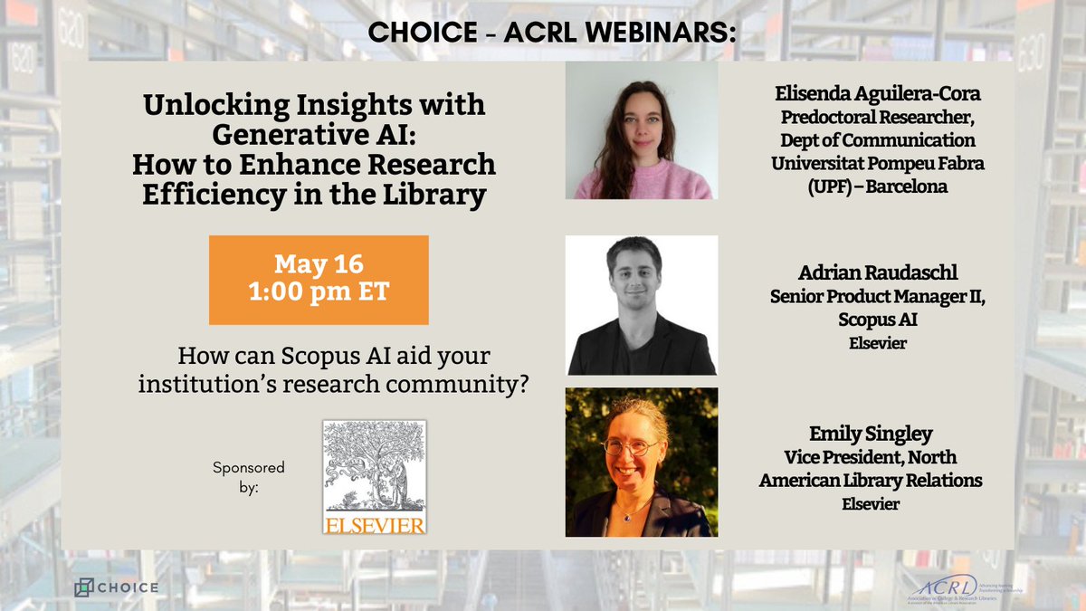 Register for the free 5/16 #Choice-ACRLWebinar You'll learn how #ScopusAI, an intuitive and intelligent search tool powered by #generativeAI (GenAI) designed for the academic community can enhance research efficiency in the #library ow.ly/1q9N50RooXB @ElsevierConnect
