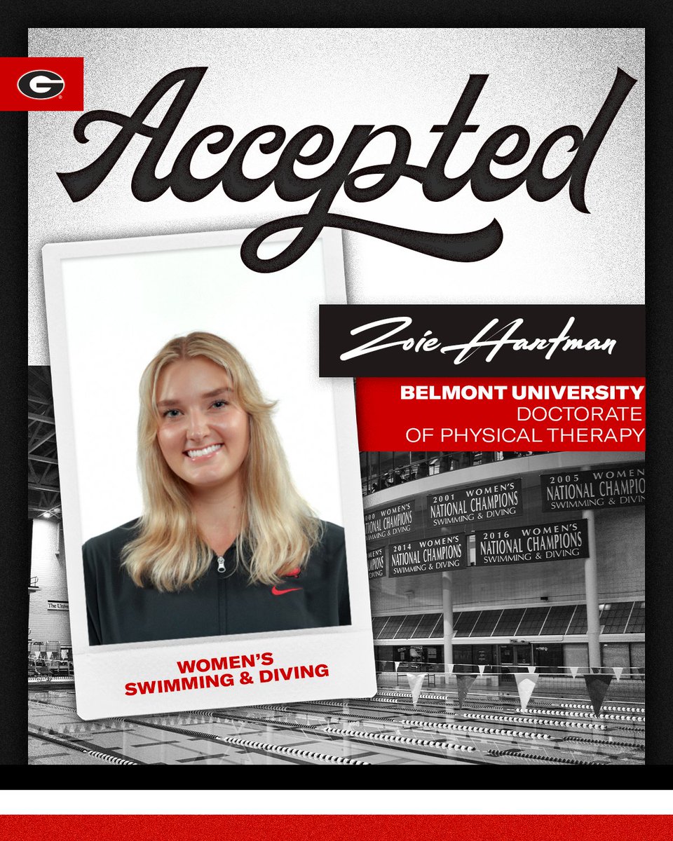Congratulations to Zoie Hartman of @ugaswimdive on her acceptance into Belmont University's Doctorate of Physical Therapy Program ! Zoie recently completed her undergraduate degree in Exercise and Sports Science from @ugaMFECOE. Congrats, Zoie!