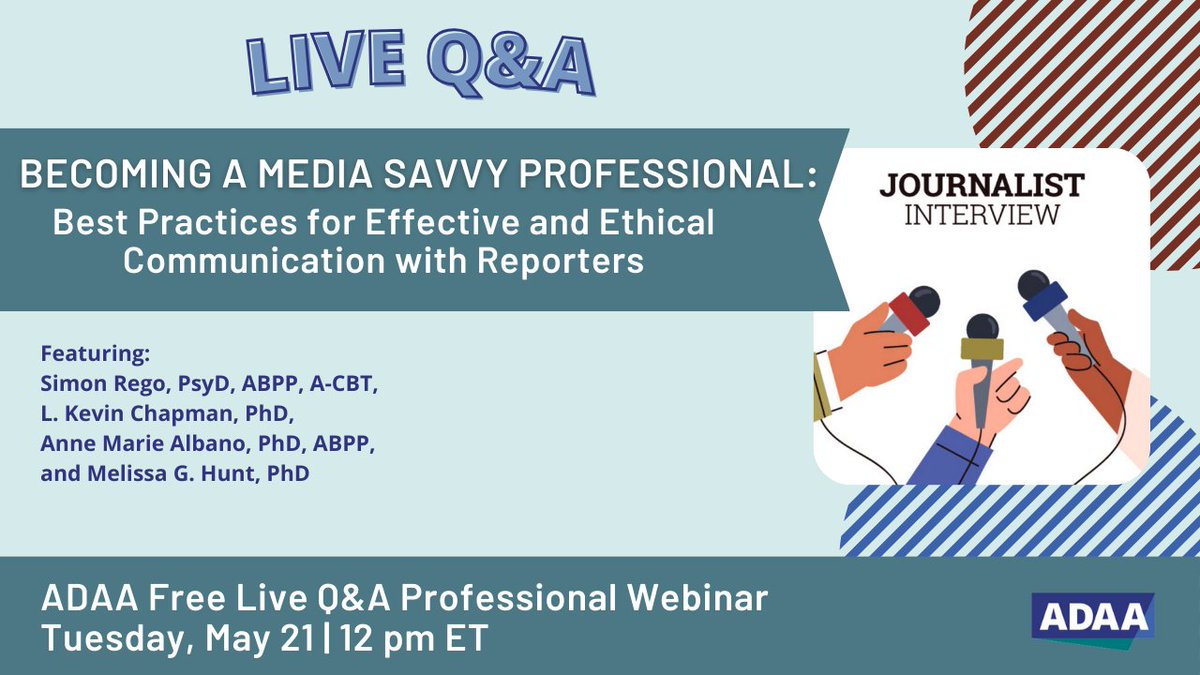 ADAA_Anxiety's tweet image. Register now for next week's webinar on becoming a media-savvy mental health professional. During the Q&amp;amp;A you'll learn strategies and tips on working with the media and communicating effectively. Join our free webinar at: adaa.org/webinar/profes…
#LearningOpportunity #MentalHealth