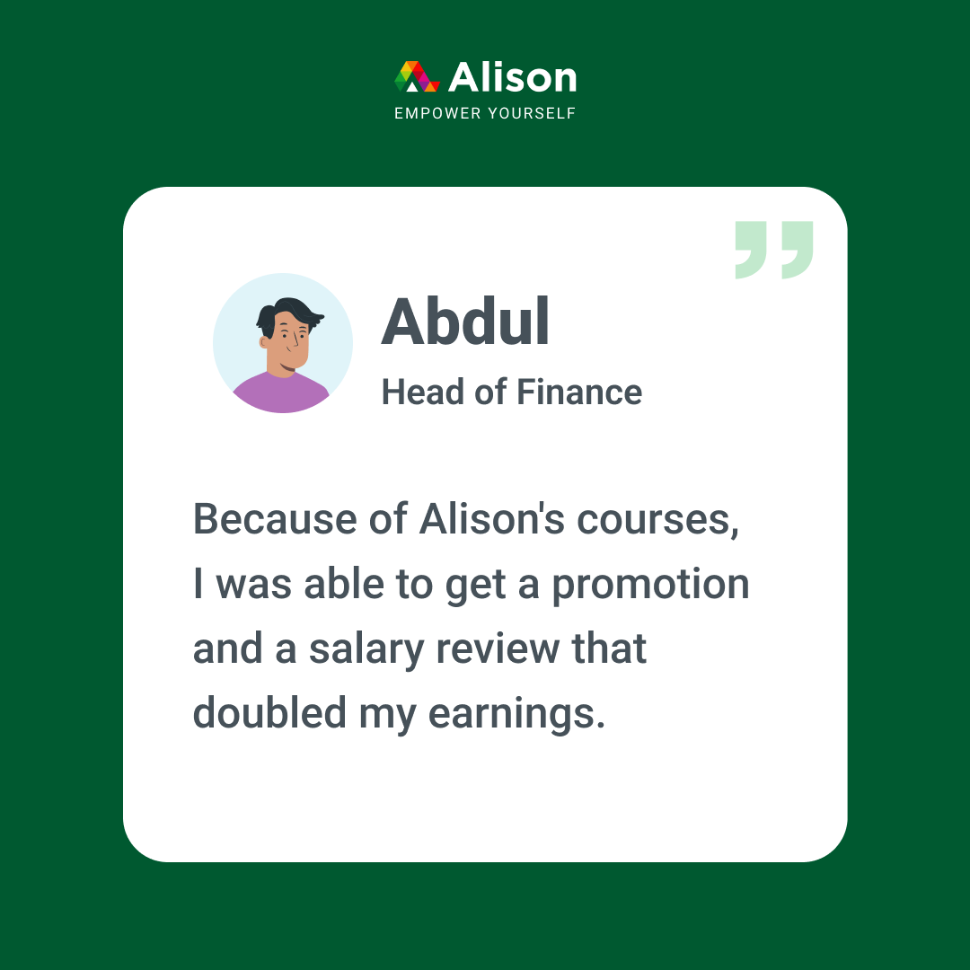 #AlisonGraduates | Meet Abdul, whose career soared with Alison! 🌟 Double your earnings & success too by completing our free online courses - ow.ly/4rwW50RA4RG. #EmpowerYourself #SuccessStory #CareerGoals #Promotion #FinanceSuccess #FreeLearning #Alison #EmpowerYourself