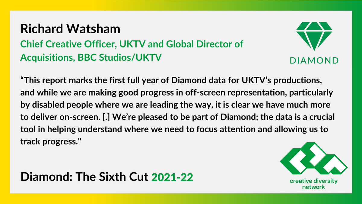 Diamond: The Sixth Cut now includes data from UKTV. Richard Watcham, Chief Creative Officer of UKTV, shares how pleased they are to be a part of Diamond. 
Read the report here: ow.ly/S8S150PHtir
@UKTV  #DiamondData #Diversity #Report #UKTV #BBCStudios #MediaIndustry