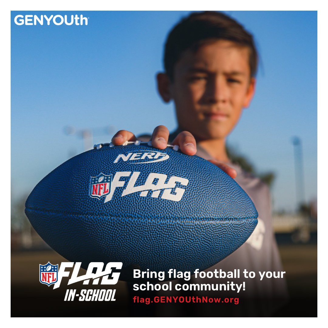 GENYOUthNow's tweet image. The clock is ticking – time is running out to submit your application for a FREE NFL FLAG-In-School kit for the 2024-25 school year. Go to flag.genyouthnow.org TODAY and bring flag football to your school community! #PlayFootball #NFLFLAGInSchool
