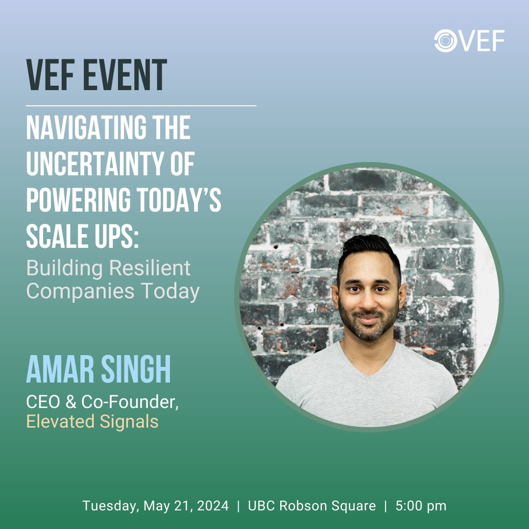 VEF (@vefdotorg) on Twitter photo Speaker spotlight: Amar Singh, CEO and co-founder of Elevated Signals.
Join us next Tuesday, May 21, 2024 at 5PM at UBC Robson Square!
🎟  Get your early bird tickets before they sell out at lu.ma/w2hgzwxz
#bcentrepeneurs #bcinvestors #businessdevelopment Speaker spotlight: Amar Singh, CEO and co-founder of Elevated Signals.
Join us next Tuesday, May 21, 2024 at 5PM at UBC Robson Square!
🎟  Get your early bird tickets before they sell out at lu.ma/w2hgzwxz
#bcentrepeneurs #bcinvestors #businessdevelopment