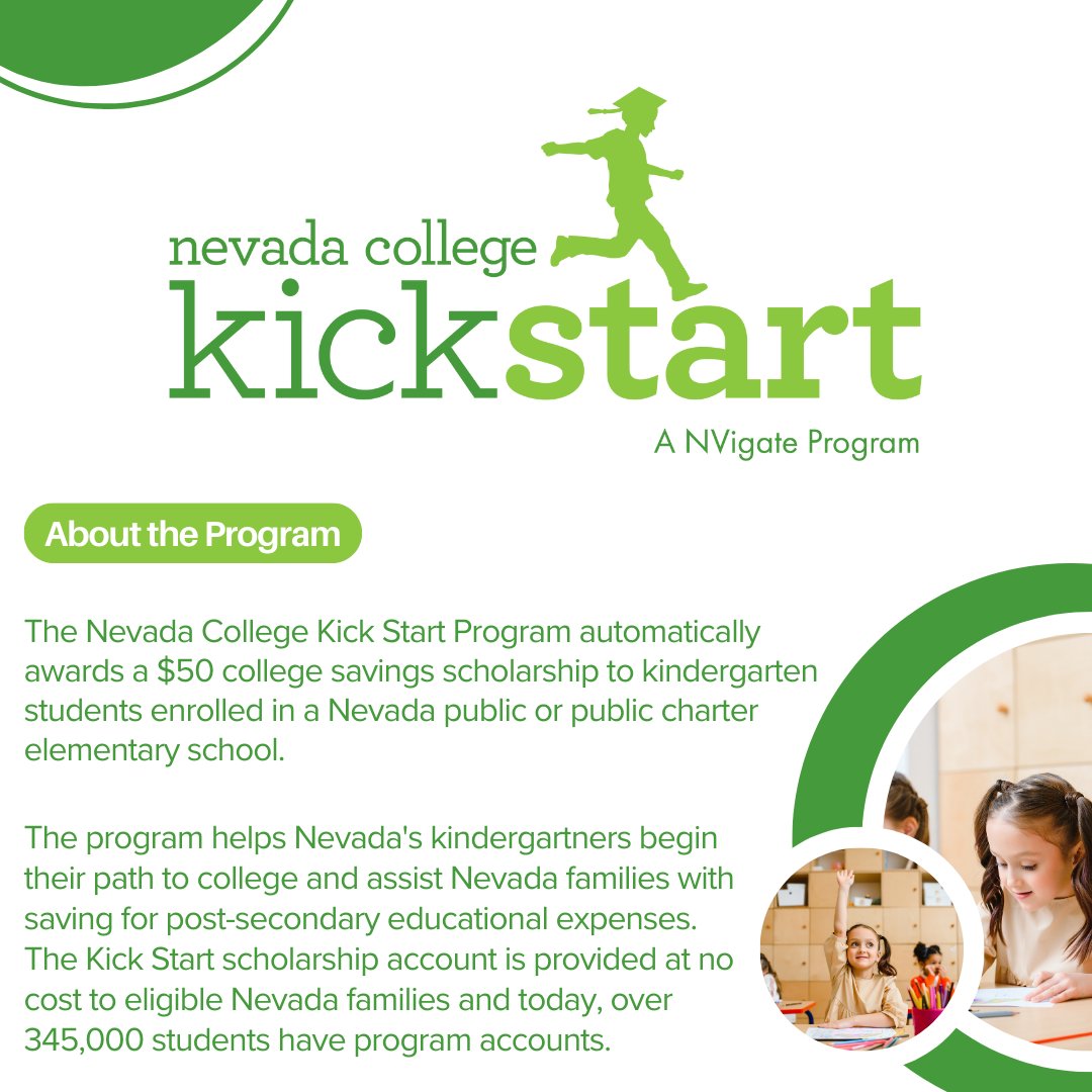 The Nevada College Kick Start program provides a free $50 college savings scholarship to every public school kindergartener across the state, helping them to kick start their college savings. Learn more about the program here! [LINK] brnw.ch/21wJLEo