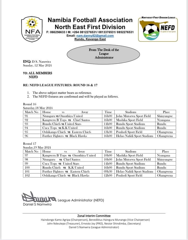 NorthEast First Division FIXTURES #Footynamibia