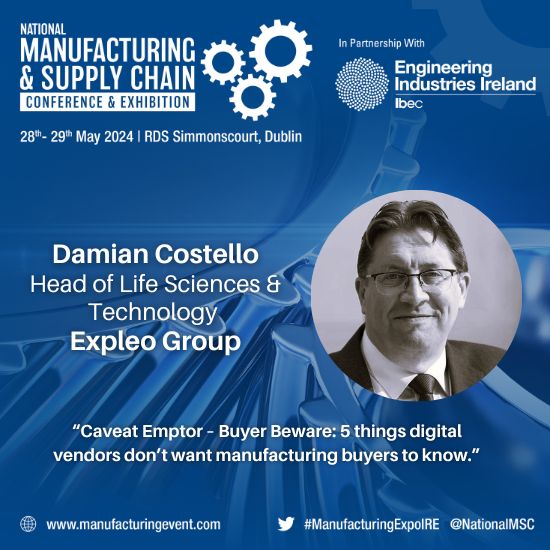 We are delighted to announce that @damiancostello, Head of Life Sciences and Technology, @ExpleoGroup will speak at The National Manufacturing & Supply Chain on the 28th & 29th of May in the RDS Simmonscourt Dublin. Register here: manufacturingevent.com/register/?utm_… #ManufacturingExpoIRE