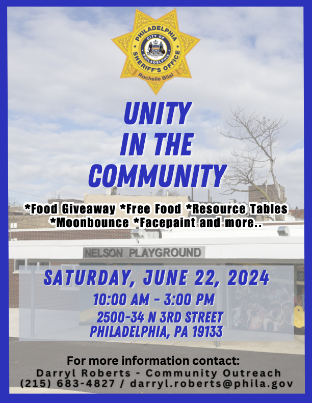 #PSA Unity in the Community! Another family-fun event, bringing you free food, a food giveaway, resource tables, moonbounce, face paint, and much more! #phillysheriff #spreadtheword