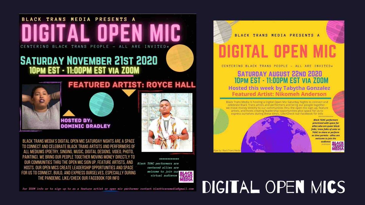 During the pandemic we held virtual open mics centering Black Trans artists and they’re coming back monthly this time in person! Join us Friday May 31st 6-9pm in Brooklyn for a night you don’t want to miss reach out to sign up to perform or attend.