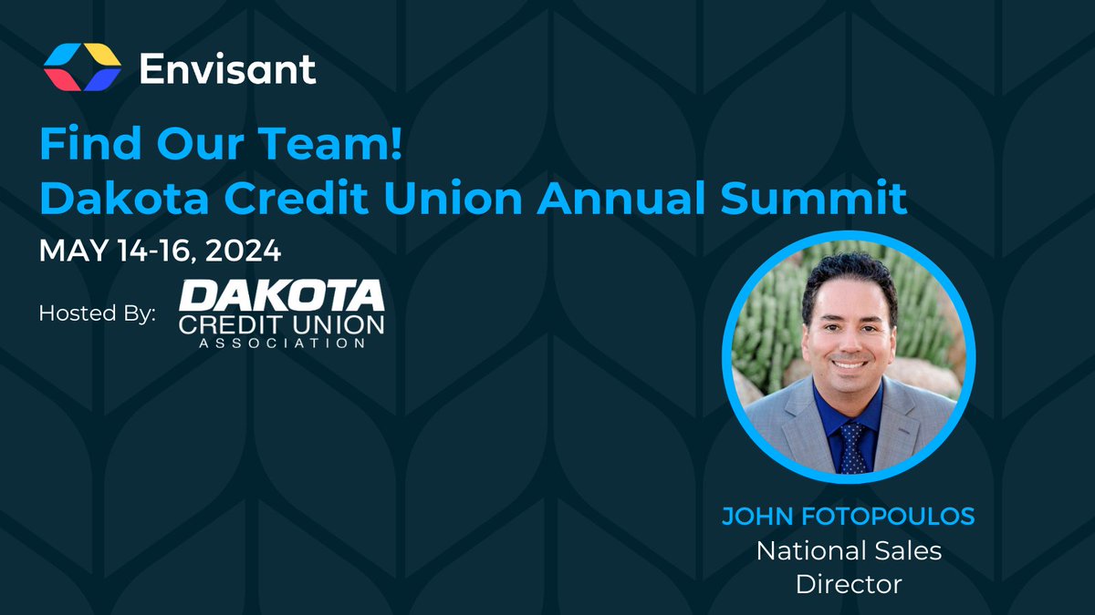 Find our team in the Grand Falls Event Center for @DakotaCUA's Annual Summit! Connect 🤝 with one of our incredible sales directors, John Fotopoulos, and discover how Envisant's uniquely tailored products can help you 🌟 #AchieveYourVision. See you there 👋
#DakCUSummit