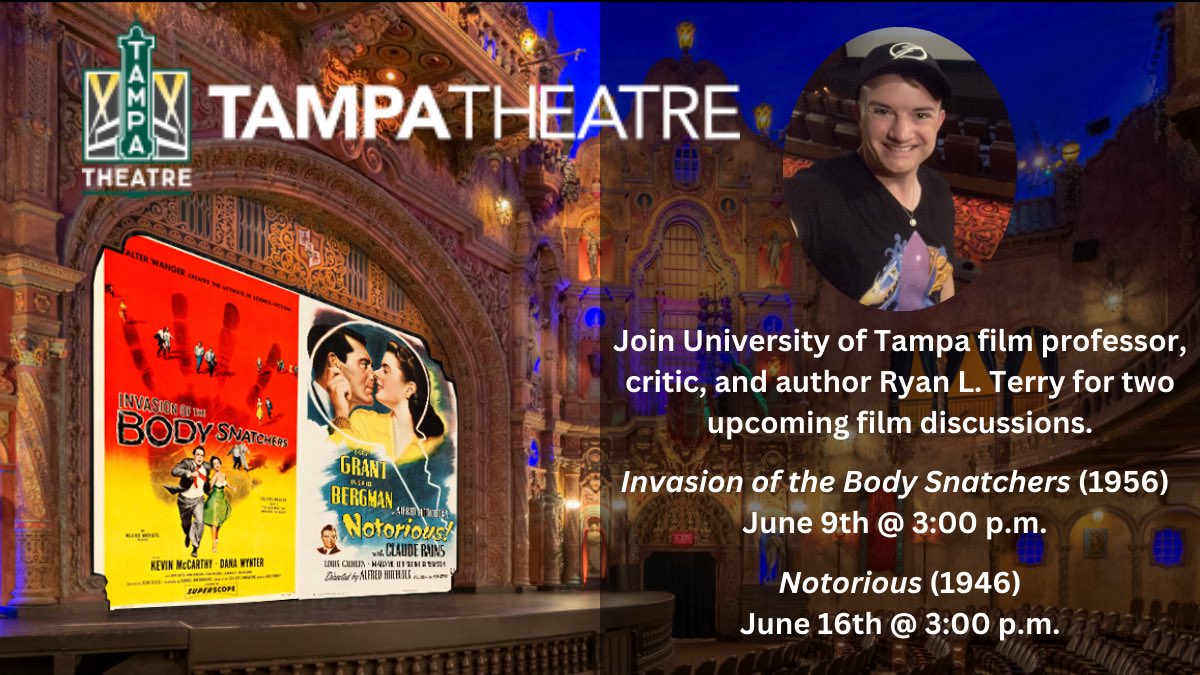 Join me at historic @tampatheatre for “Invasion of the Body Snatchers” on June 9th and “Notorious” on June 16th. I’ll also be talking about my book slated to release next year on why people love #horror. For tickets, visit tampatheatre.org/movie-categori… #FilmTwitter #AcademicTwitter