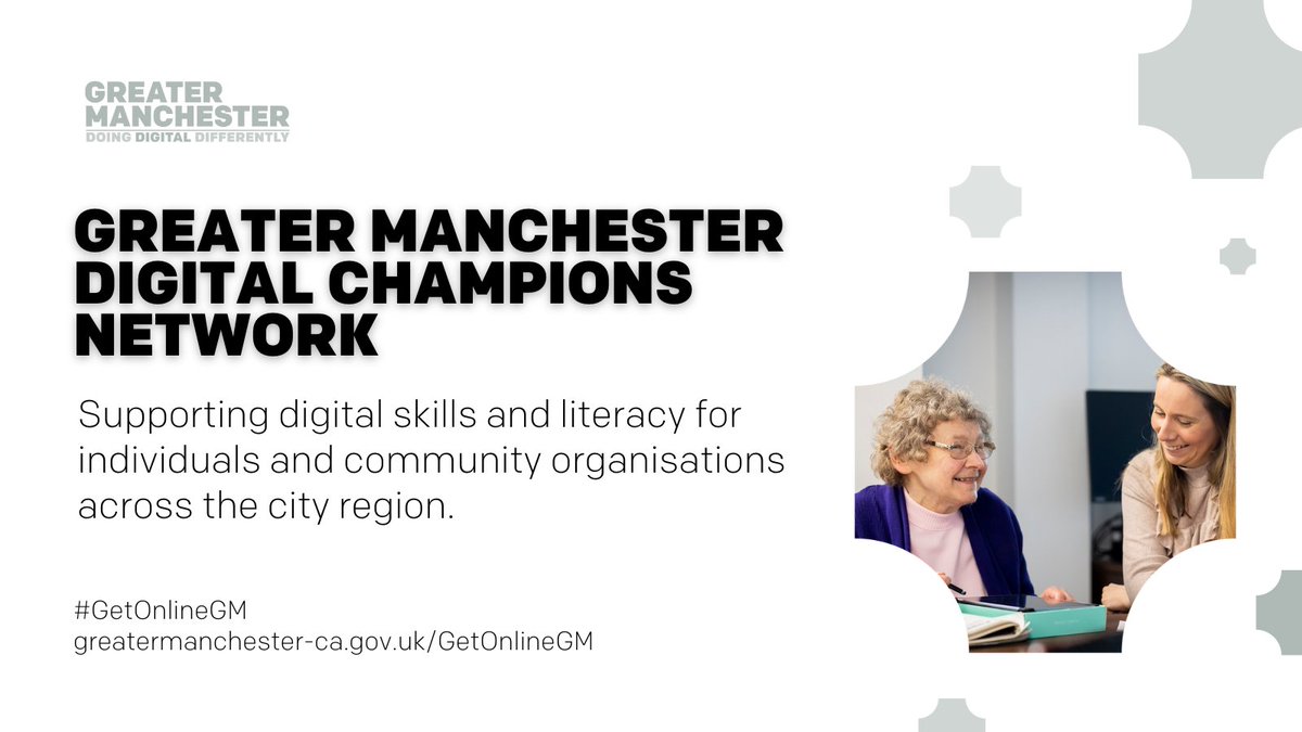 👥 Join our #GMDigital Champion Network!
Bringing together industry, communities, local authorities & volunteers to support digital skills and literacy for individuals and community-focussed organisations across Greater Manchester

➡️ orlo.uk/glspI
#FixTheDigitalDivide