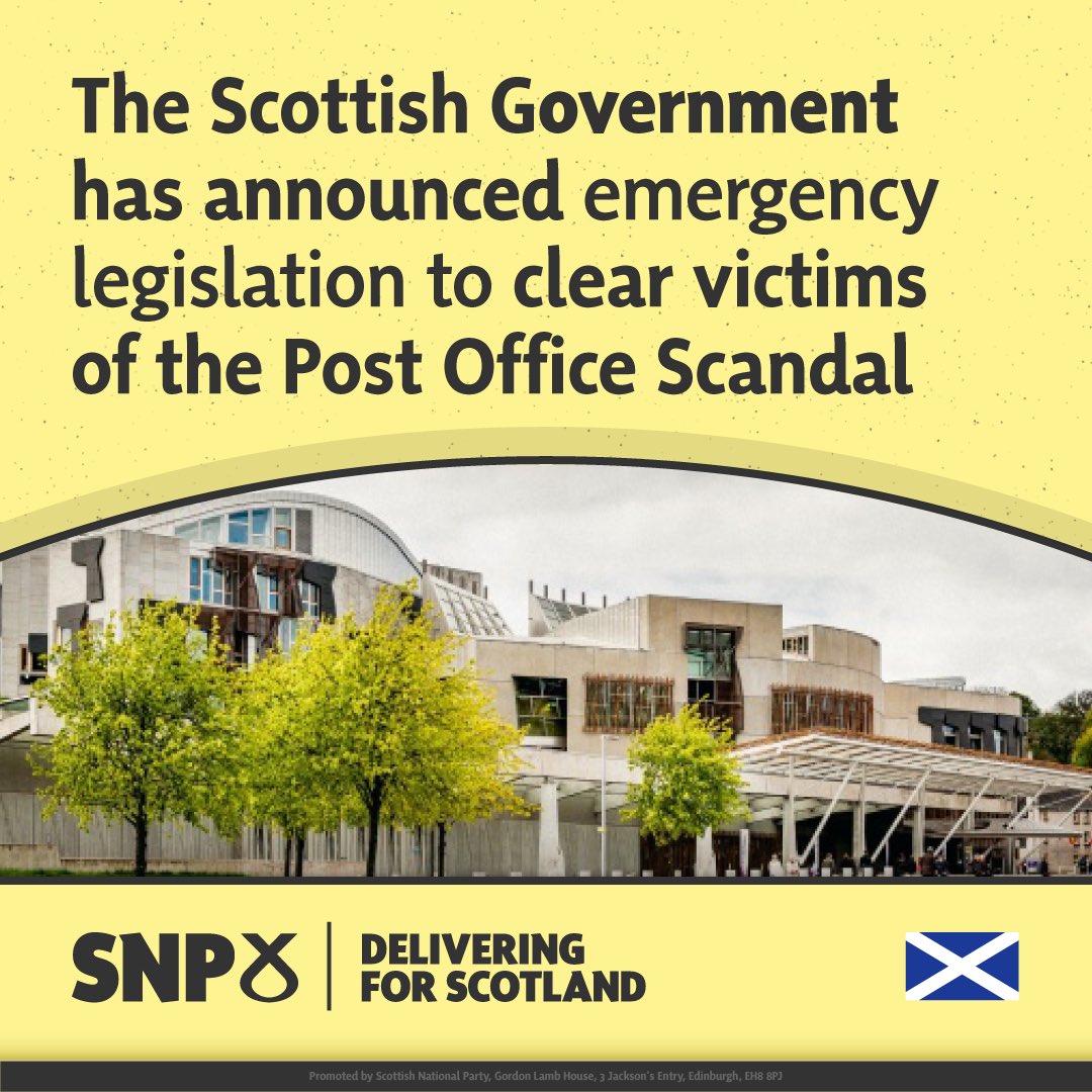 📮 We’re acting swiftly to exonerate Scottish sub-postmasters who were wrongly convicted due to the UK Horizon Post Office scandal. 🏴󠁧󠁢󠁳󠁣󠁴󠁿 The process of passing this law will be sped up so victims can get justice as quickly as possible. 📖 Read more here: news.sky.com/story/post-off…