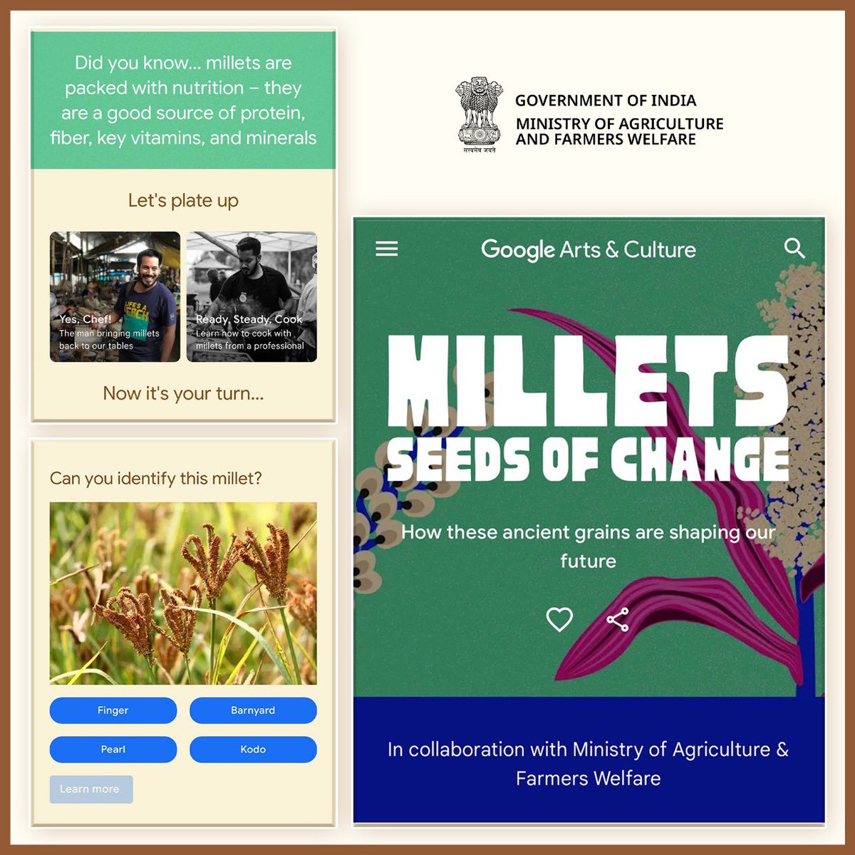 The exhibit delves into the benefits of millets, while providing interactive elements like quizzes and crosswords. The digital platform also features simple millet recipes from award-winning celebrated chefs like
@ChefTZac 

🔗 artsandculture.google.com/project/millets

#agrigoi #IYM2023 #millets