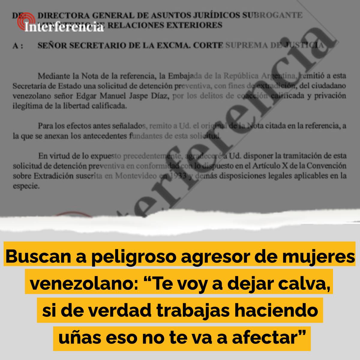 Edgar Jaspe agredió a su mujer: estando embarazada la apuñaló, obligándola a tener relaciones, con amenazas de muerte. Los hechos obran en la solicitud de detención con fines de extradición enviada a la Suprema para que el victimario enfrente la justicia. tinyurl.com/7vkdzvh4