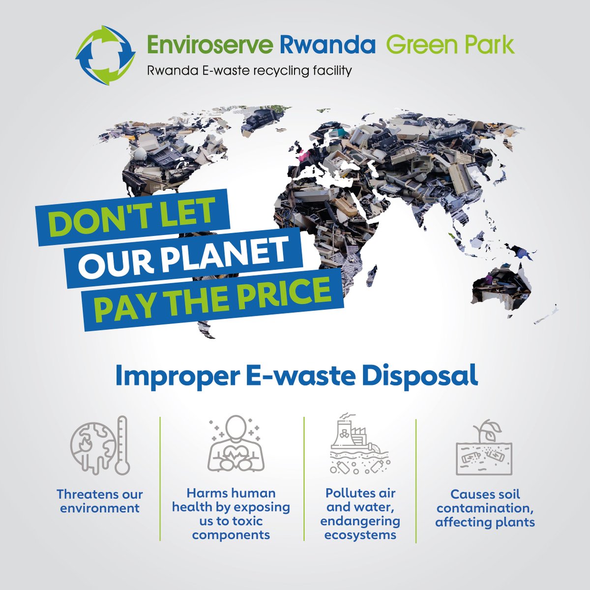 #DYK?

E-waste is silently harming our planet and health, releasing dangerous chemicals into our soil and water.

It's time to act! Dispose of your old electronic and electrical equipment with @EnviroserveRw for proper management, and help create a cleaner and #GreenRwanda🇷🇼.