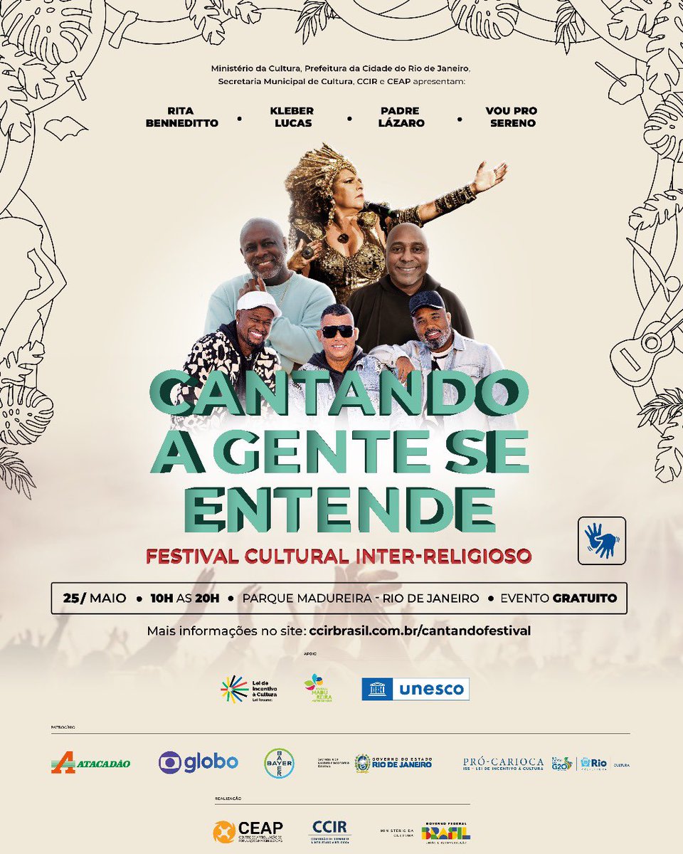 Meu povo de axé! Vamos juntos marcar presença, no próximo dia 25 de maio, sábado, à partir de 10h no evento Cantando a gente se entende.  A entrada é gratuita, e contará com diversas atrações culturais e religiosas. O meu show, tecnomacumba, acontece às 19h.