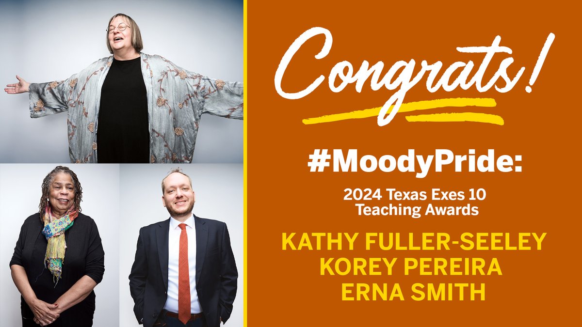 #MoodyPride: Three of our amazing faculty received the 2024 @TexasExes Top 10 Award! Congrats to @UTJSchool professor Erna Smith and @UTRTF professors Kathy Fuller-Seeley and Korey Pereira, @SoularitySound. Our students are so lucky to have y'all! bit.ly/TexasTopTen24