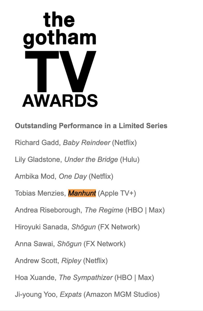 Congratulations to @TobiasMenzies on his Gotham awards nomination for best performance in a limited series! Team #Manhunt is very proud of his remarkable performance.