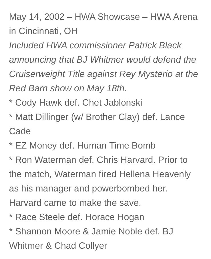 Today in @HWAOnline history 

2002 in Cincinnati, OH feat. @CodyFnHawk @TheShannonBrand @chadcollyer + Chet Jablonski, Lance Cade, Ron Waterman, Race Steele, Horace Hogan and others!

Full results: