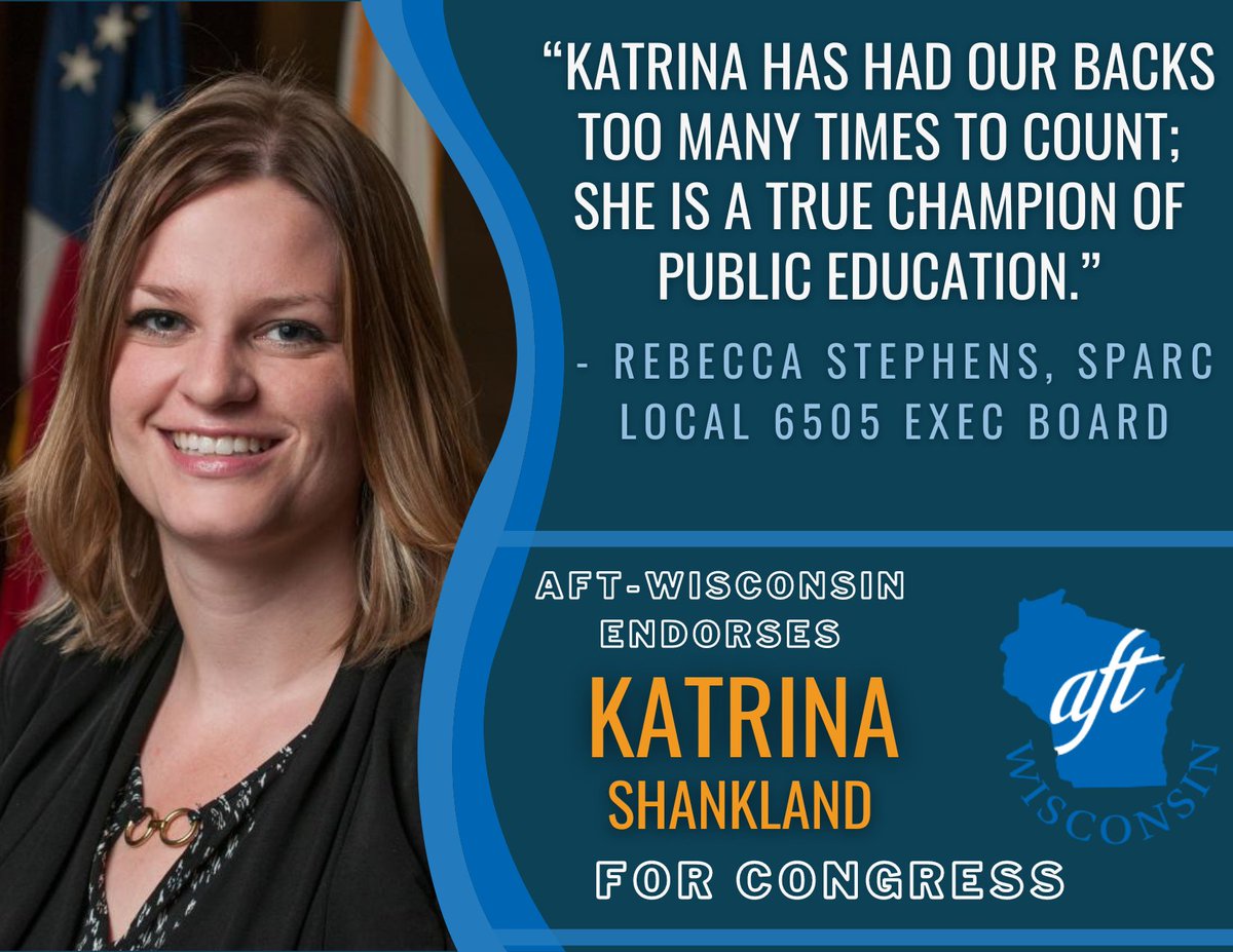 Katrina has been a bold fighter for public education since day 1. From fighting the education cuts of Point Forward to advocating to increase funding for the UW System with Reaching Higher for Higher Ed, she has had our back. We're excited to endorse @voteshankland for Congress!