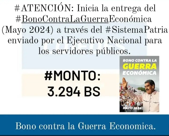 #14May || #ATENCIÓN: Inicia la entrega del #BonoContraLaGuerra Económica (Mayo 2024) a través del #SistemaPatria enviado por el Presidente @nicolasmaduro para los servidores públicos.

#Monto: 3.294 Bs

¡Somos la verdad de Venezuela!