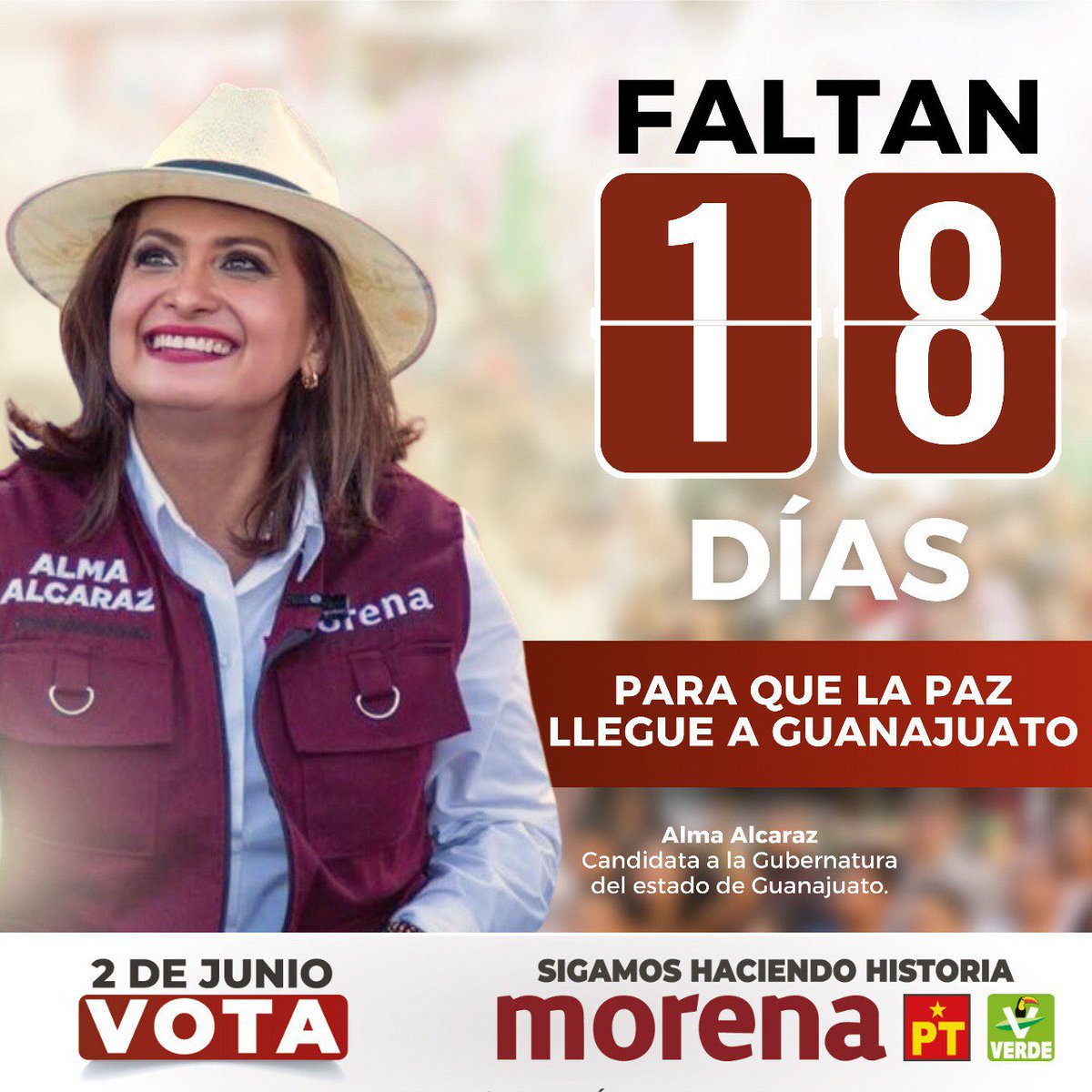 👊🏽Falta 1️⃣8️⃣ días para seguir transformando la vida de más mexicanos y mexicanas con el único proyecto de transformación que es con la coalición #SigamosHaciendoHistoria. ✨ Con @AlmaAlcarazH llegará a #Guanajuato la esperanza. ¡#VotaTodoMorena este 2 de Junio!.🗳️ #Vota6de6