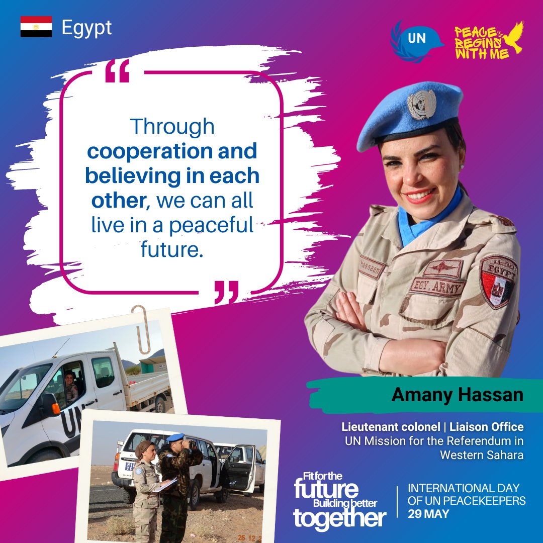Peacekeeper of the Day: Motivated to contribute to peace, Lt. Col. Amany Hassan 🇪🇬 joined #MINURSO in May 2023. She worked as a Liaison Officer and now acts as a Force Medical Assistant in the Mission's HQ Medical Unit. Read her message for this year's #PKDay 👇