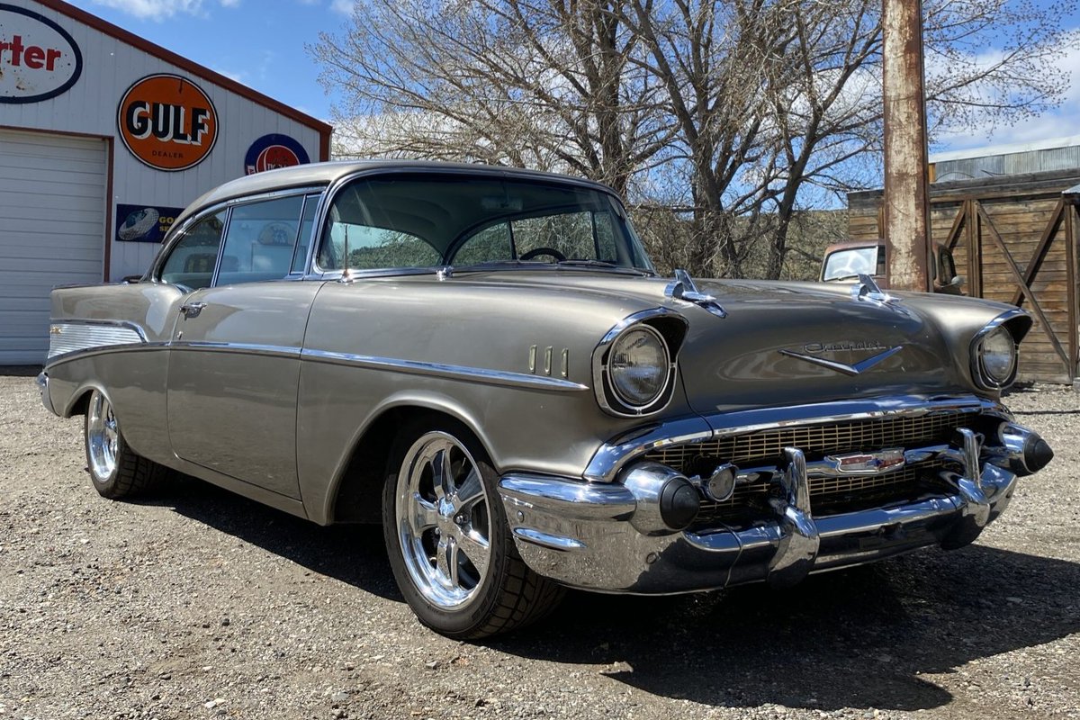 Ups For Dealers: 350-Powered 1957 Chevrolet 210 Hardtop: This 1957 Chevrolet 210 two-door coupe was refinished in metallic gray in the 1990s and fitted with a 350ci GM Performance Parts Ram… dlvr.it/T6svS0 Bringatrailer.com #carsofinstagram #carporn #classiccar