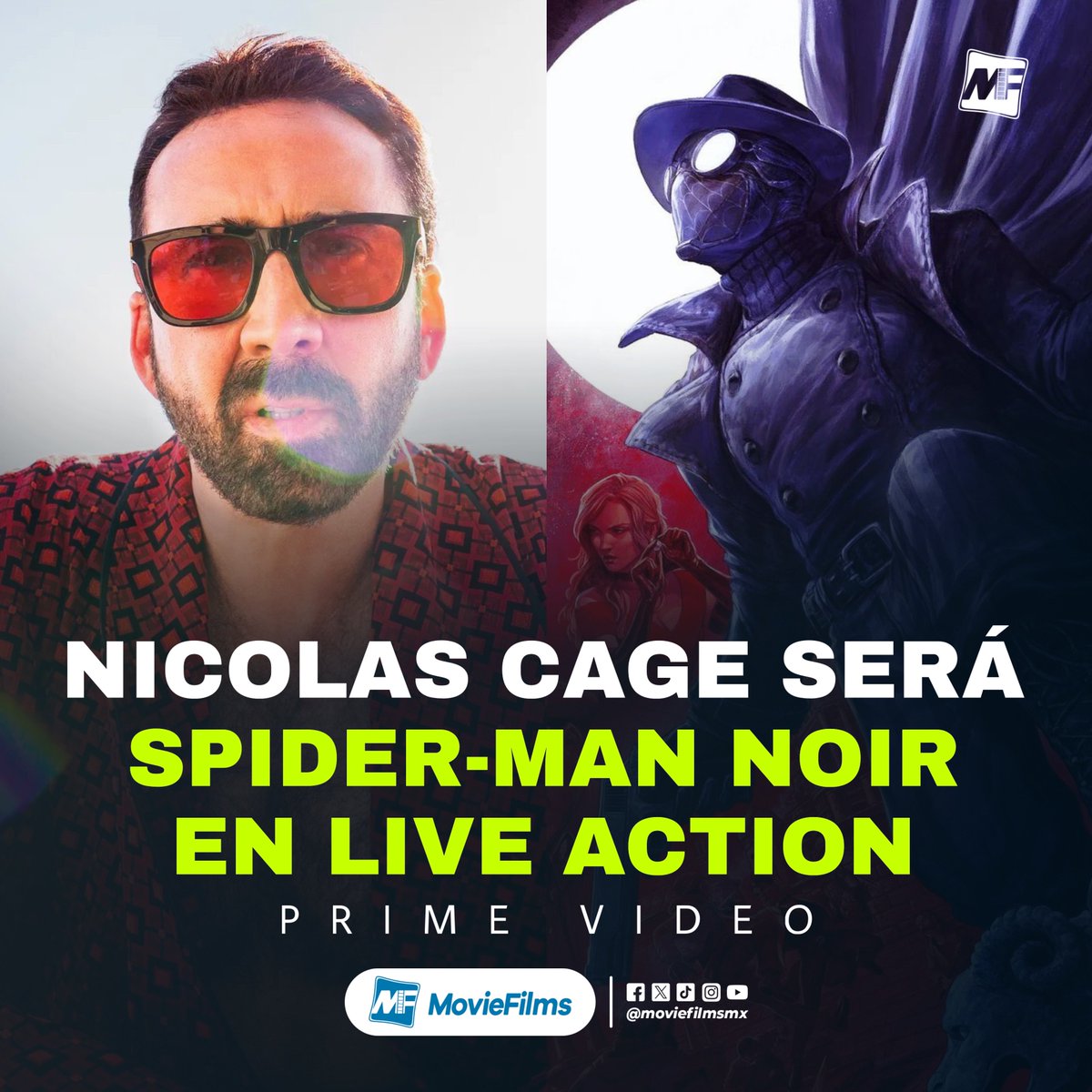 #NicolasCage protagonizará la serie Live-Action #SpiderManNoir para #PrimeVideo. 🕷️🕸️

El actor retomará su papel después de darle voz en #SpiderManIntoTheSpiderVerse.

👉 EL DATO: #PhilLord y #ChristopherMiller, los productores del #SpiderVerse estarán detrás de esta serie.