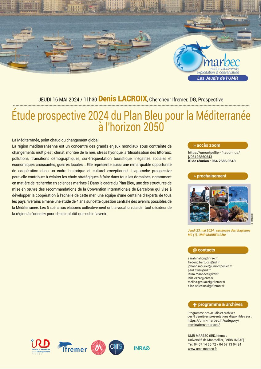 #SeminairesMARBEC 🌊Denis LACROIX, chercheur <a href="/Ifremer_fr/">Ifremer 🌊</a>,  nous présentera jeudi 16 mai à 11h30 une étude #prospective sur cette question centrale des avenirs possibles de la #Méditerranée
👉 umr-marbec.fr/le-16-05-2024-…