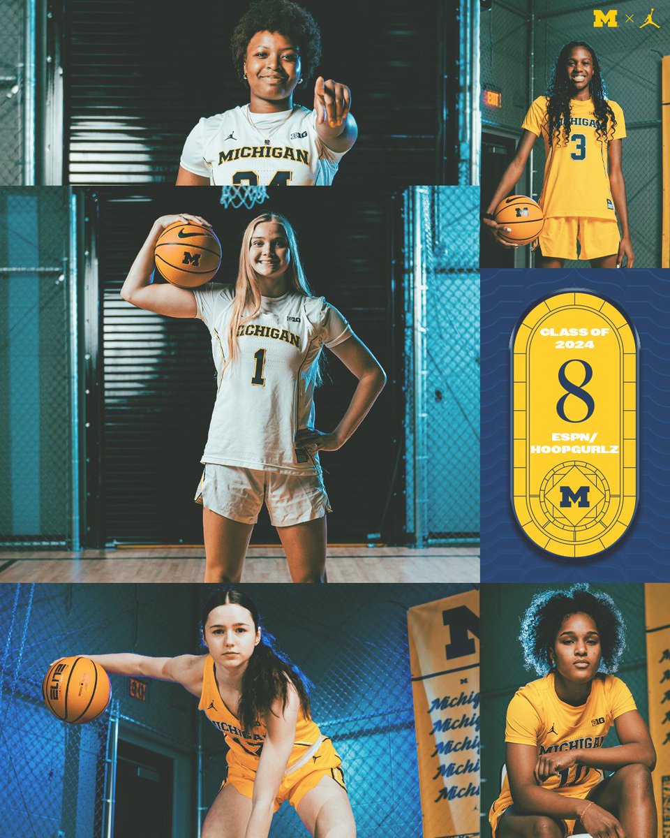 Our 2024 recruiting class of @SylaSwords, @OliviaOlson2024, @MilaHolloway9, @TeyalaDelfosse and @aaiyannadunbar comes in at No. 8 in the spring update of the ESPN/HoopGurlz rankings! #GoBlue