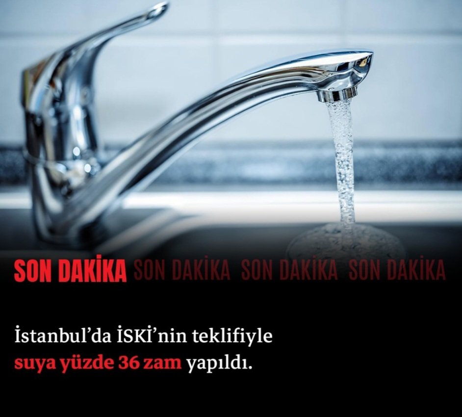 #SONDAKİKA İSTANBUL'DA SUYA ZAM. İstanbul'da suya yüzde 36 ile 53 oranında zam yapıldı. İstanbulluların yüzde 75’inin kullandığı birinci kademe birim fiyatı 23.72 liradan 32.28 liraya yükseldi. Finansal düzenleme diyelim